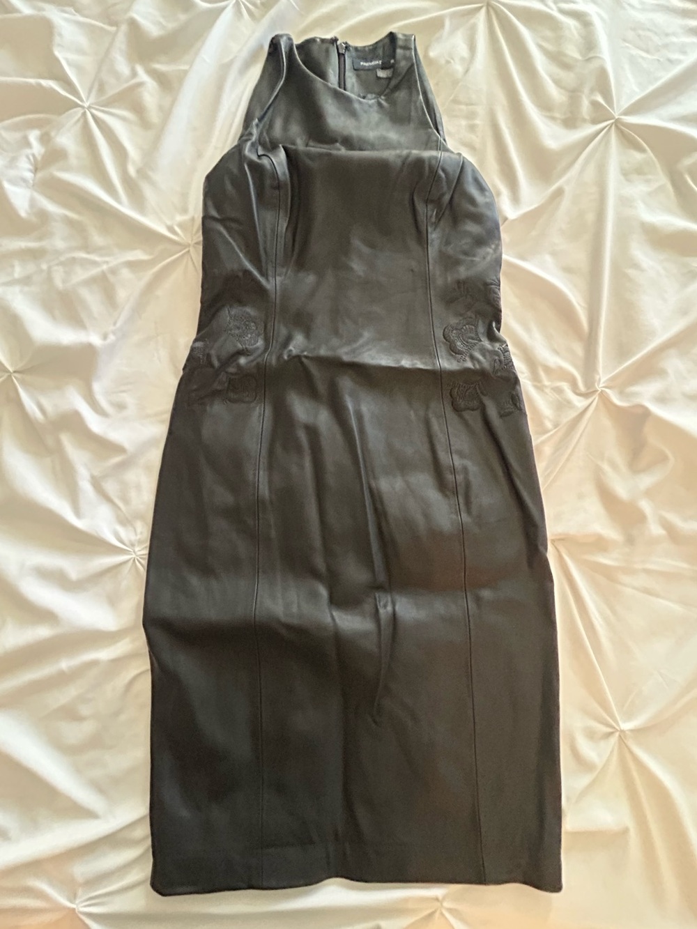 NWOT French Connection Black Pleather Embroidered Mini Dress